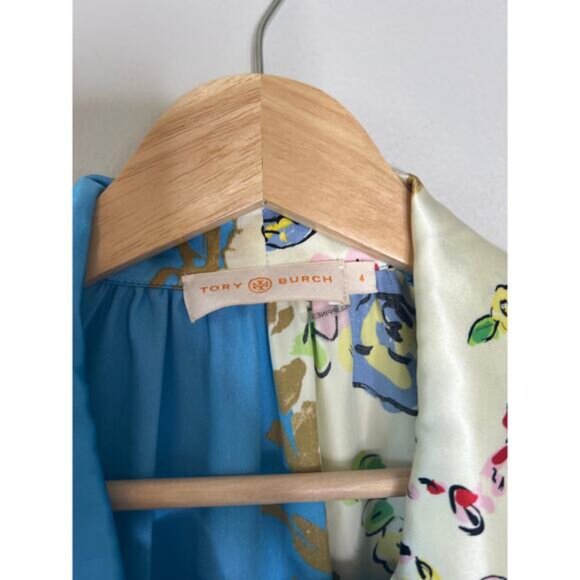 NEW Tory Burch Printed Satin Bow Tie Long-Sleeve Button-Up Blouse Blue Size: 4 - Picture 4 of 8